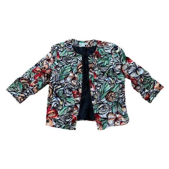 Coldwater Creek Jacket Blazer Size 12 Red Green Floral 3/4 Sleeve Open Front - Picture 1 of 11